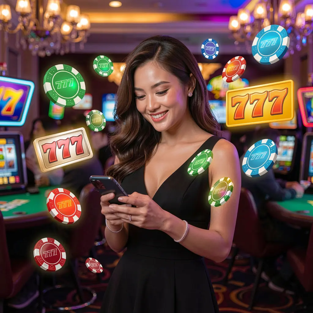 Confident Filipino woman using the JILIBB2 casino app with glowing chips and slot symbols floating around her