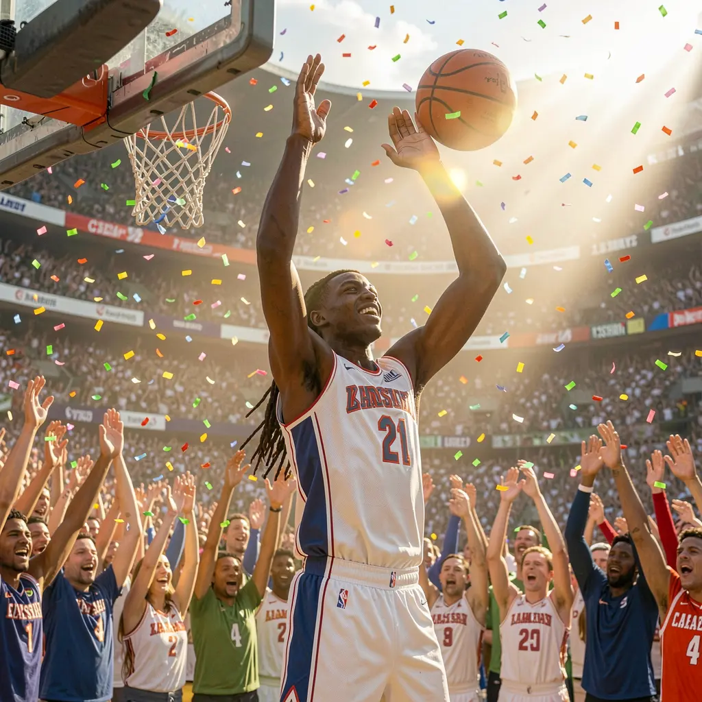 A victorious basketball player celebrating a winning moment in front of cheering fans symbolizing successful sports betting with JILIBB2 in the Philippines