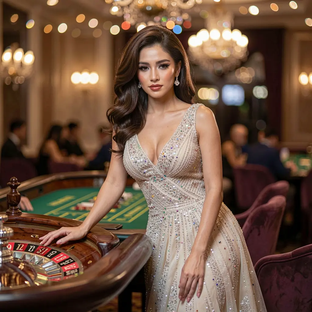 Confident female player at a roulette table in a luxury casino interior showcasing the immersive live casino atmosphere of JILIBB2 for players in the Philippines