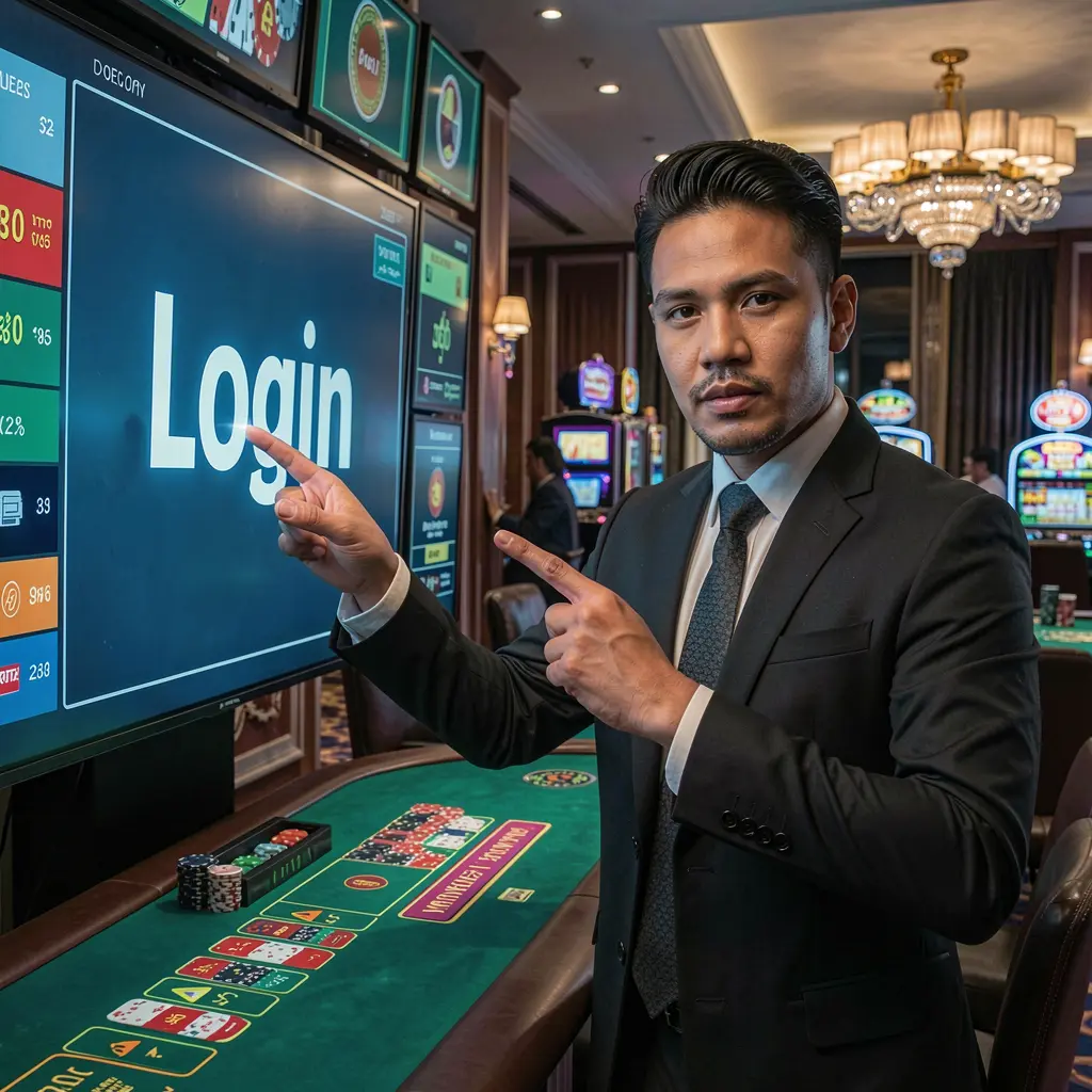 Focused JILIBB2 casino representative pointing at a glowing login interface inside a modern digital casino environment for Philippine users