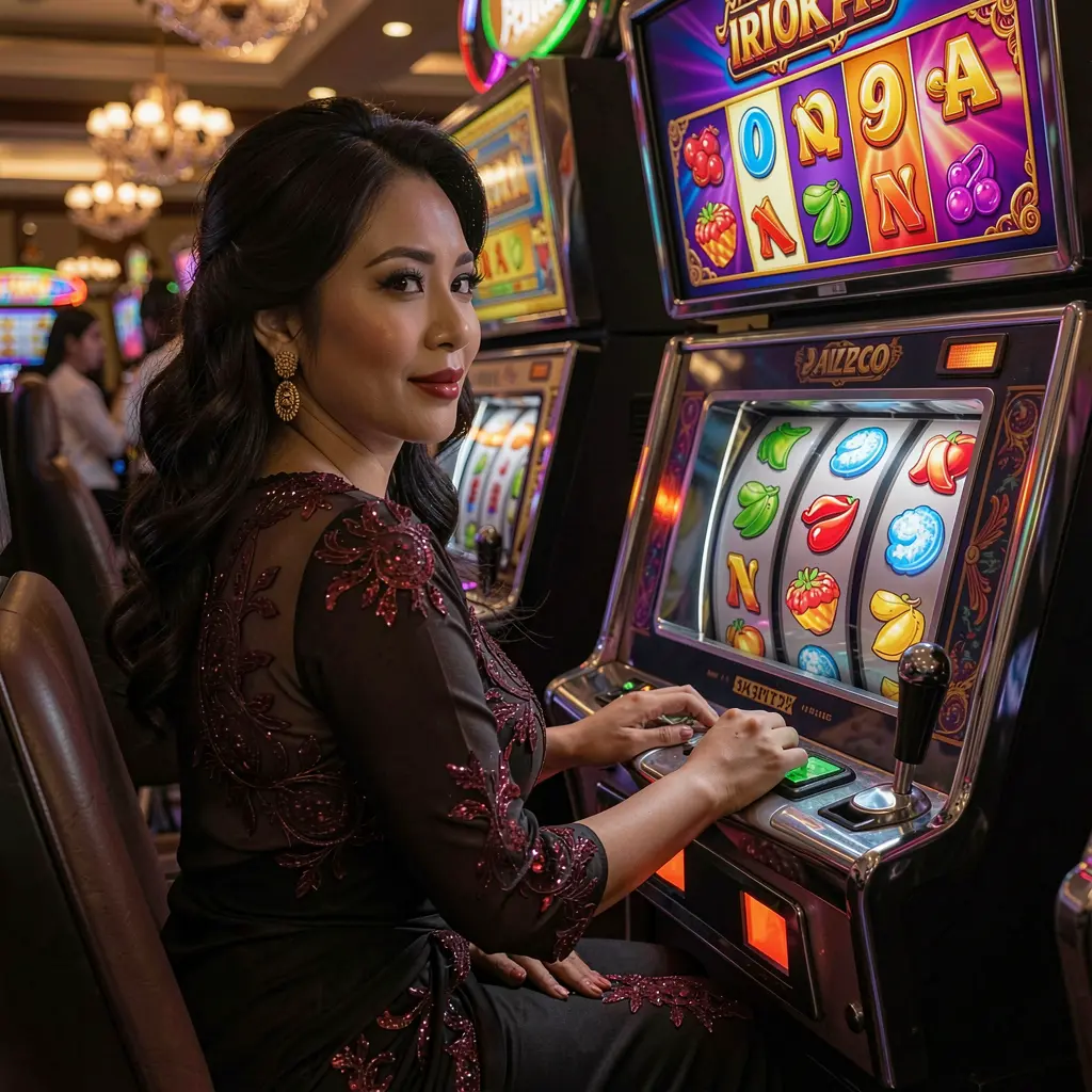 Stylish Filipino woman enjoying a classic slot machine session at JILIBB2 casino with bright reels and a thrilling gaming atmosphere